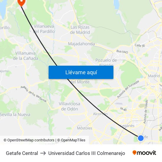 Getafe Central to Universidad Carlos III Colmenarejo map