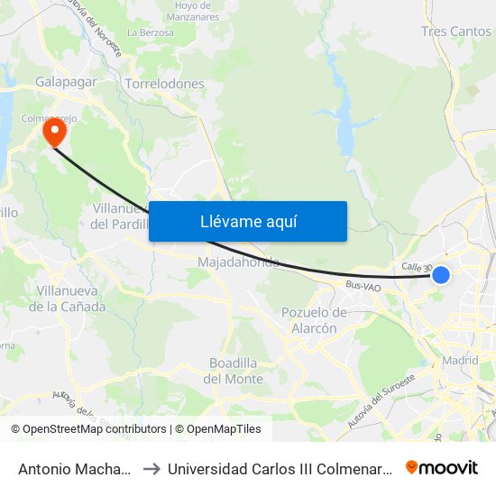 Antonio Machado to Universidad Carlos III Colmenarejo map
