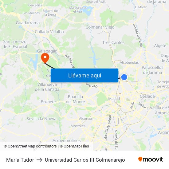 María Tudor to Universidad Carlos III Colmenarejo map