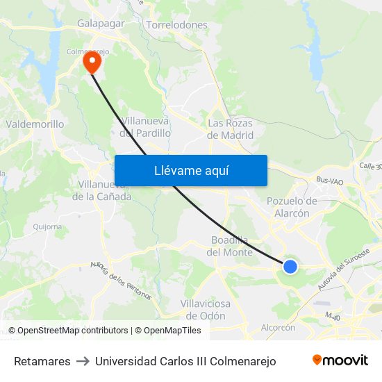 Retamares to Universidad Carlos III Colmenarejo map