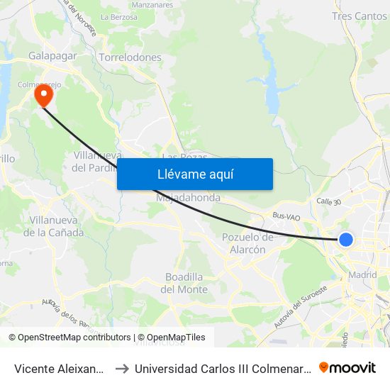 Vicente Aleixandre to Universidad Carlos III Colmenarejo map
