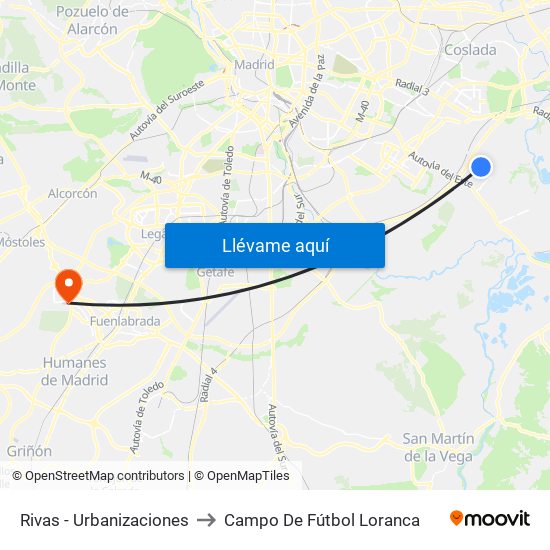 Rivas - Urbanizaciones to Campo De Fútbol Loranca map