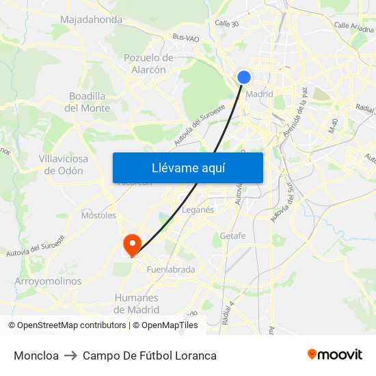 Moncloa to Campo De Fútbol Loranca map