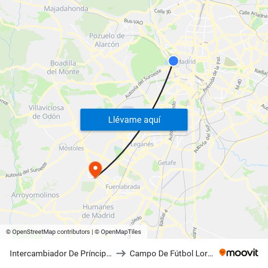 Intercambiador De Príncipe Pío to Campo De Fútbol Loranca map