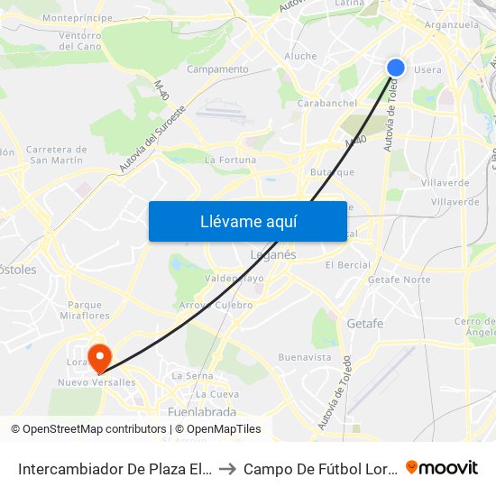 Intercambiador De Plaza Elíptica to Campo De Fútbol Loranca map