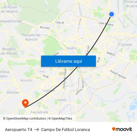 Aeropuerto T4 to Campo De Fútbol Loranca map