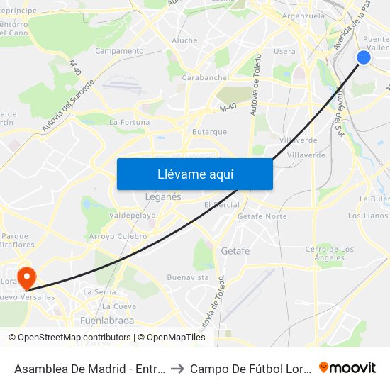 Asamblea De Madrid - Entrevías to Campo De Fútbol Loranca map