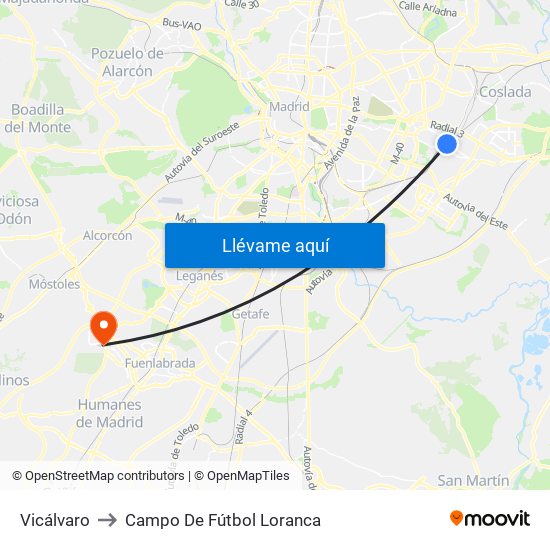 Vicálvaro to Campo De Fútbol Loranca map