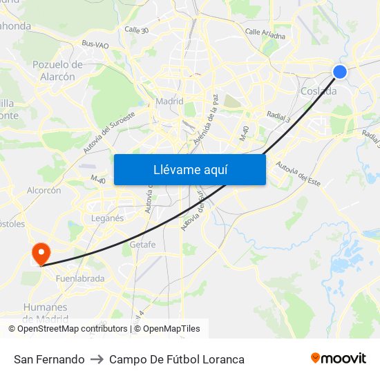 San Fernando to Campo De Fútbol Loranca map