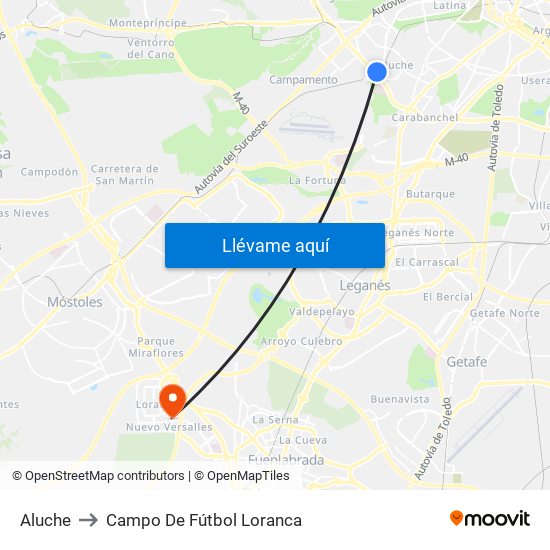 Aluche to Campo De Fútbol Loranca map