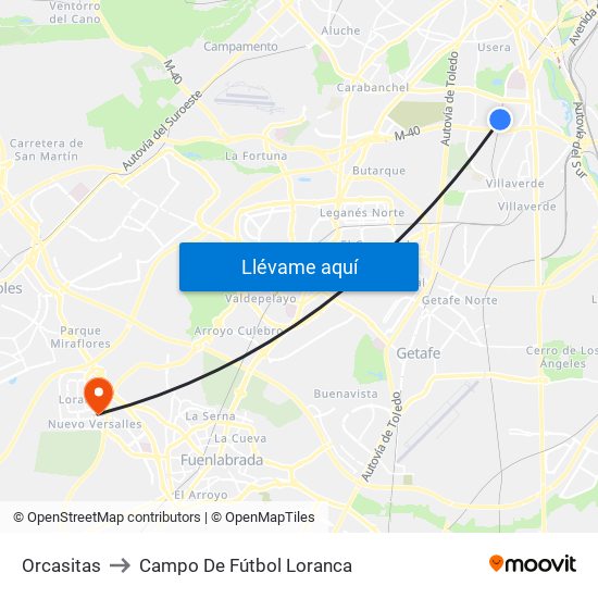 Orcasitas to Campo De Fútbol Loranca map