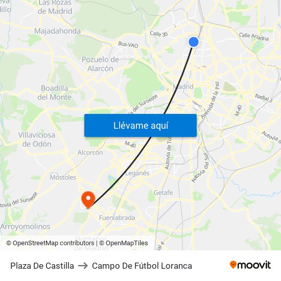 Plaza De Castilla to Campo De Fútbol Loranca map