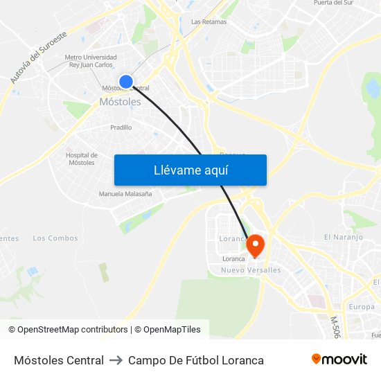 Móstoles Central to Campo De Fútbol Loranca map