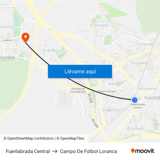 Fuenlabrada Central to Campo De Fútbol Loranca map