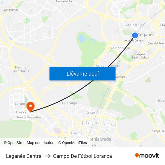 Leganés Central to Campo De Fútbol Loranca map