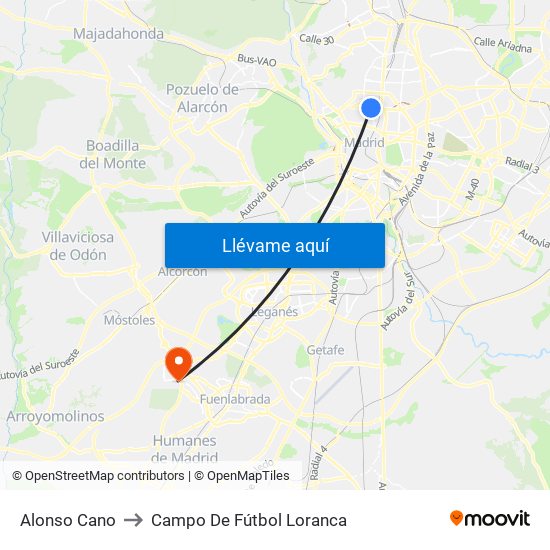 Alonso Cano to Campo De Fútbol Loranca map