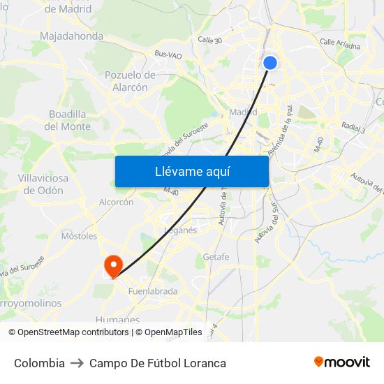 Colombia to Campo De Fútbol Loranca map