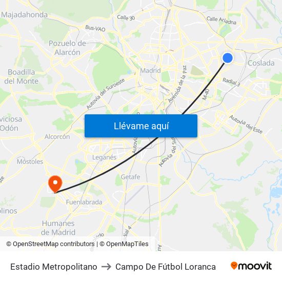 Estadio Metropolitano to Campo De Fútbol Loranca map