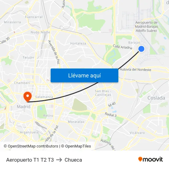 Aeropuerto T1 T2 T3 to Chueca map