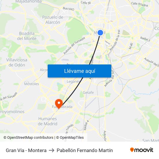 Gran Vía - Montera to Pabellón Fernando Martín map