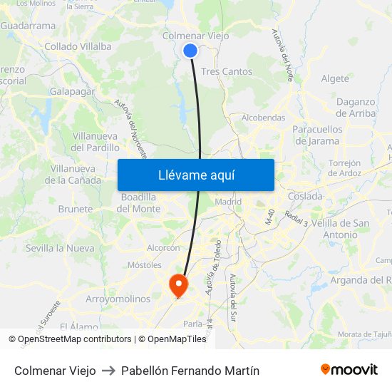 Colmenar Viejo to Pabellón Fernando Martín map