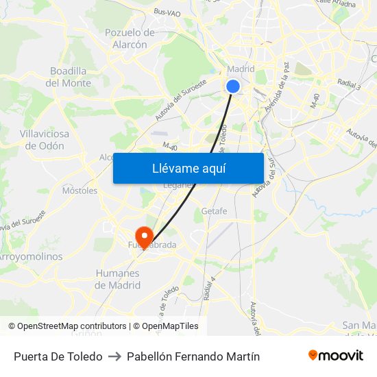 Puerta De Toledo to Pabellón Fernando Martín map
