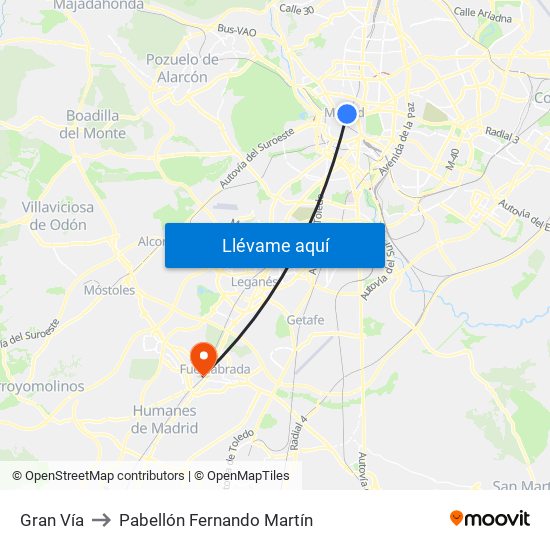 Gran Vía to Pabellón Fernando Martín map