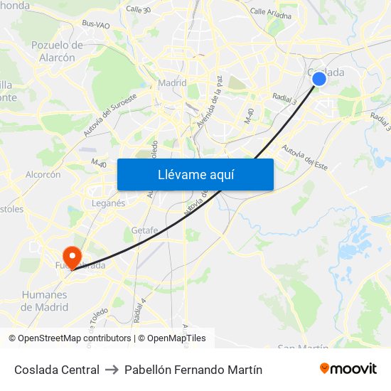 Coslada Central to Pabellón Fernando Martín map