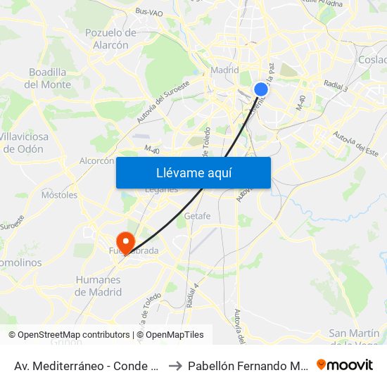 Av. Mediterráneo - Conde Casal to Pabellón Fernando Martín map