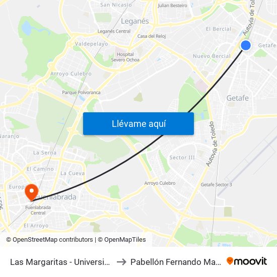 Las Margaritas - Universidad to Pabellón Fernando Martín map