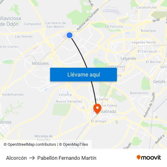 Alcorcón to Pabellón Fernando Martín map