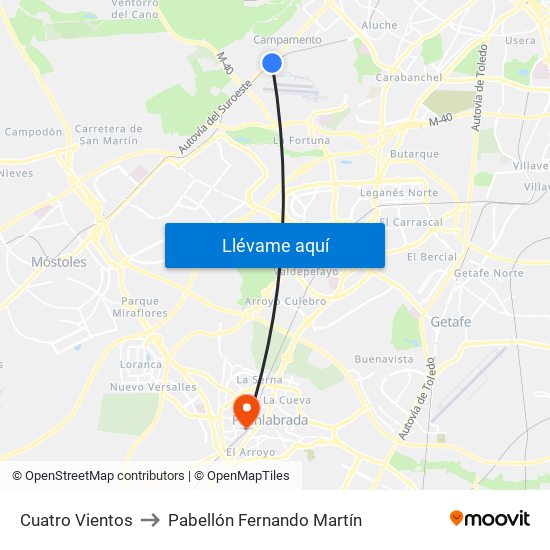 Cuatro Vientos to Pabellón Fernando Martín map
