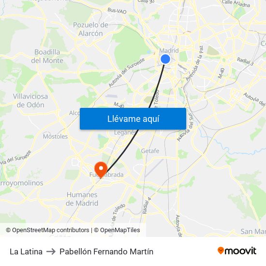 La Latina to Pabellón Fernando Martín map