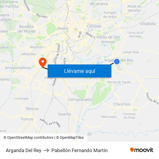 Arganda Del Rey to Pabellón Fernando Martín map