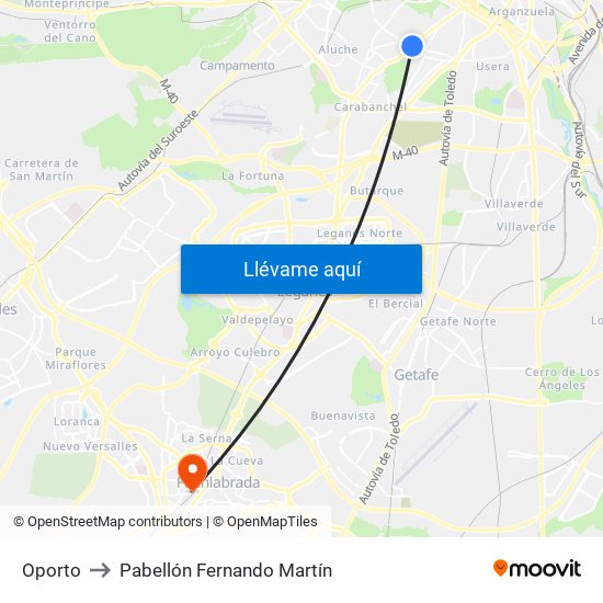 Oporto to Pabellón Fernando Martín map