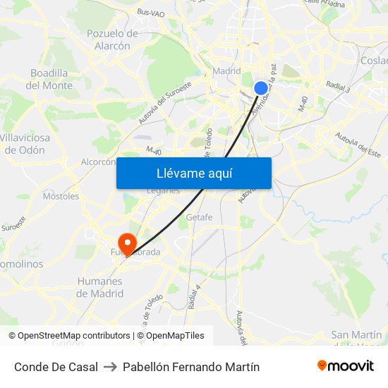 Conde De Casal to Pabellón Fernando Martín map