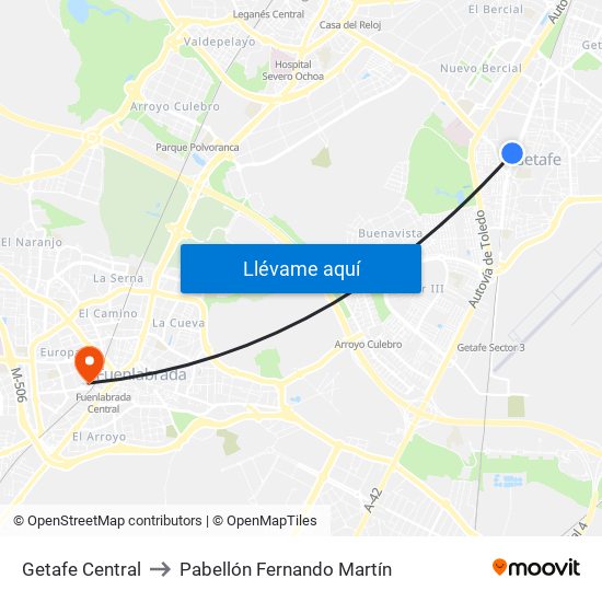 Getafe Central to Pabellón Fernando Martín map