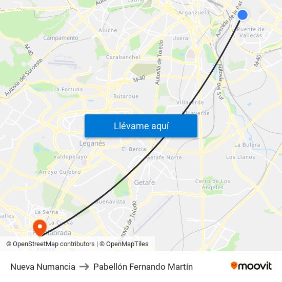 Nueva Numancia to Pabellón Fernando Martín map