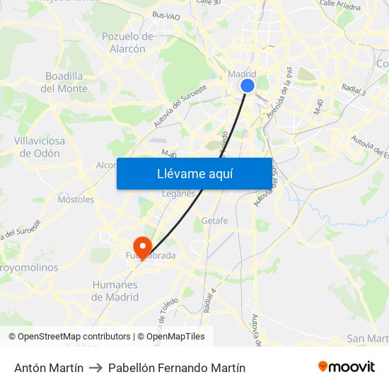 Antón Martín to Pabellón Fernando Martín map