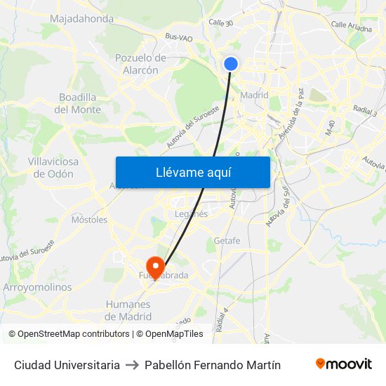 Ciudad Universitaria to Pabellón Fernando Martín map