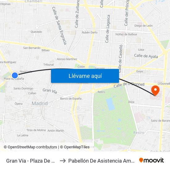Gran Vía - Plaza De España to Pabellón De Asistencia Ambulatoria map