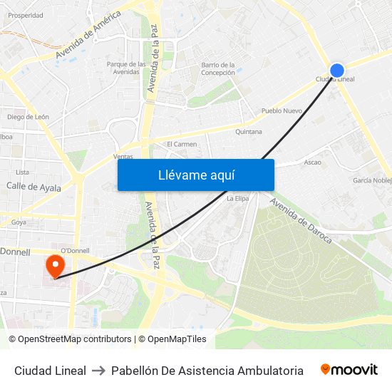 Ciudad Lineal to Pabellón De Asistencia Ambulatoria map