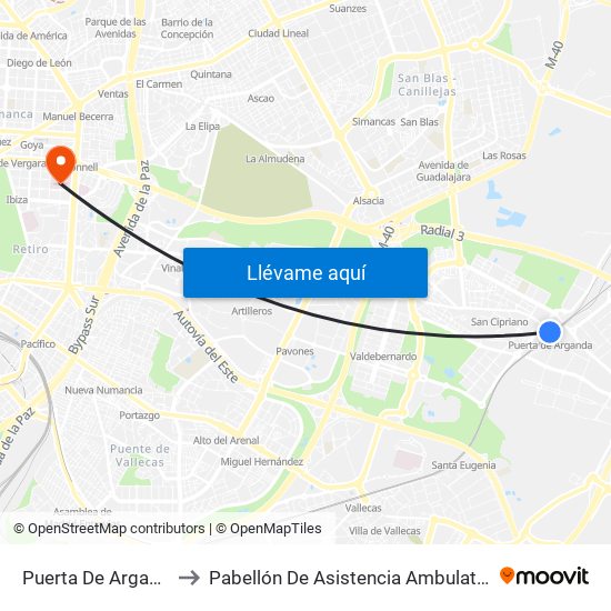 Puerta De Arganda to Pabellón De Asistencia Ambulatoria map