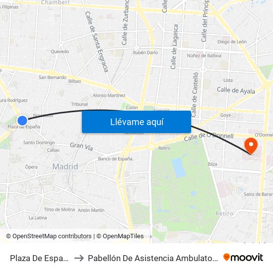 Plaza De España to Pabellón De Asistencia Ambulatoria map