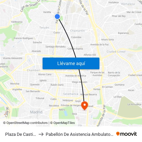 Plaza De Castilla to Pabellón De Asistencia Ambulatoria map