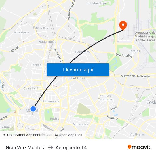 Gran Vía - Montera to Aeropuerto T4 map