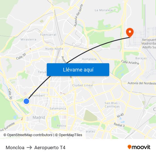 Moncloa to Aeropuerto T4 map