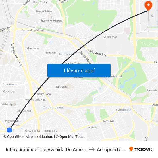 Intercambiador De Avenida De América to Aeropuerto T4 map