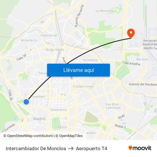 Intercambiador De Moncloa to Aeropuerto T4 map
