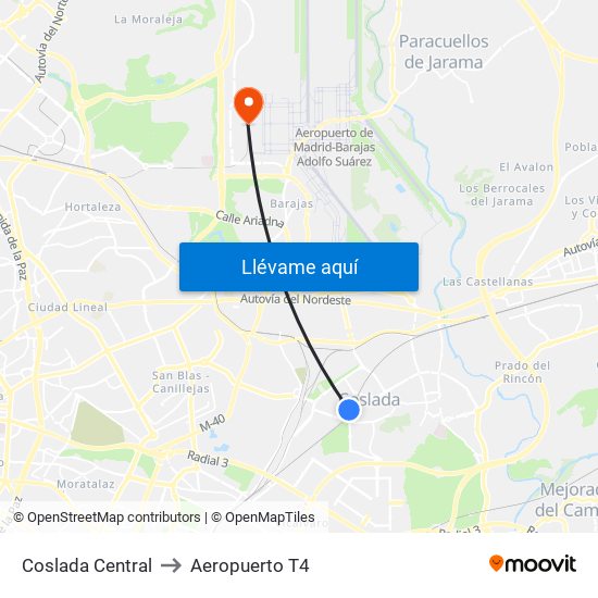 Coslada Central to Aeropuerto T4 map